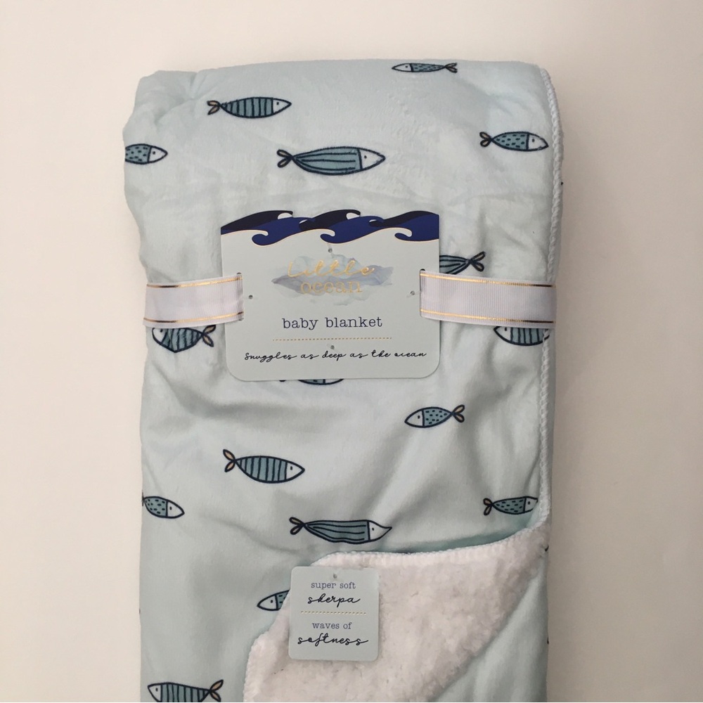 Baby Blanket Sherpa Reverse Blue Fish Print - Baby Gift NEW | Little Ocean